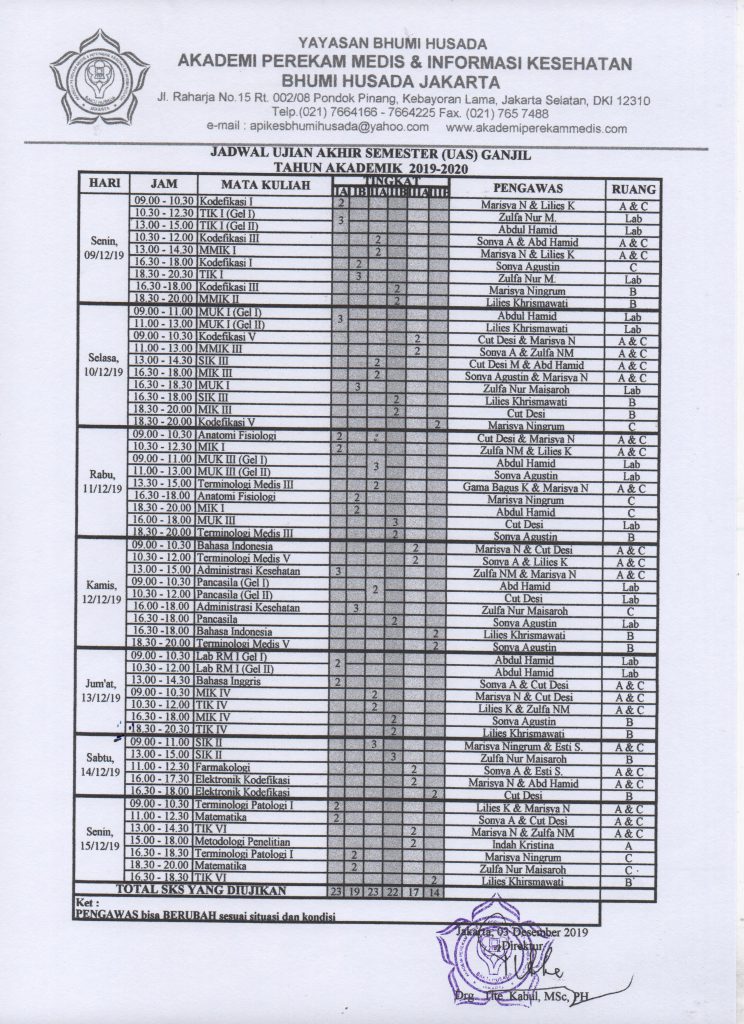 Jadwal Ujian Akhir Semester (UAS) Semester Ganjil 2019-2020